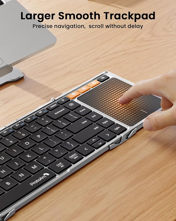 ProtoArc Foldable Keyboard with Touchpad, XK01 TP Folding Portable Keyboard, Full Size Keys, Large Trackpad Bluetooth Travel Keyboards for Laptop PC Tablet - Black Silver