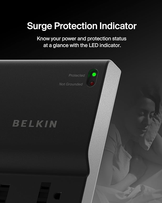 Belkin 8-Outlet Surge Protector w/ 8 AC Outlets & 8ft Long Flat Plug, UL-listed Heavy-Duty Extension Cord for Home, Office, Travel, Computer Desktop, Laptop, Phone Charger - 2,500 Joules of Protection