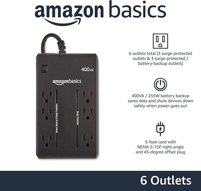 Amazon Basics UPS Battery Backup & Surge Protector, 400VA/255W, 6 Outlets, Uninterruptible Power Supply, Small Compact Size, Black