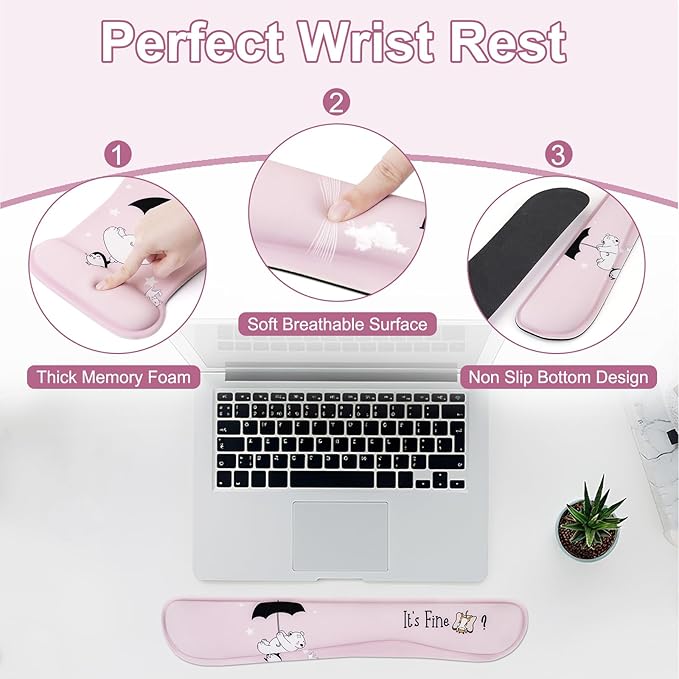 MEGREZ 4-in-1 Ergonomic Memory Foam Wrist Rest Set, Desk Pad, Mouse Pad with Wrist Rest, Keyboard Pad, Suitable for Office Workers, Programmers & Gamers–Relieve Typing & Gaming Fatigue, Pink
