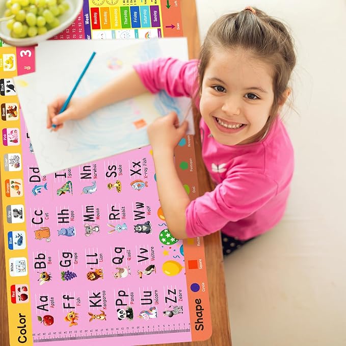 Kid's Desk Mat Cute Early Education Leather Desk Mat, Kawaii Pink Toddler Letter Digital Waterproof Desk Writing Pad, Large Keyboard and Mouse Mat for Classrooml/Kindergarten(31.5" X 15.7")