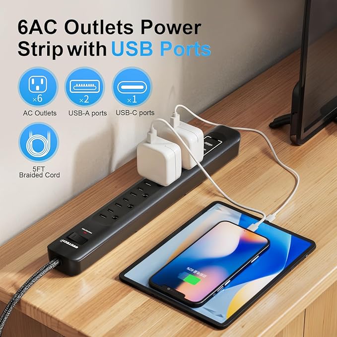 2 Pack Power Strip Surge Protector - 5Ft Extension Cord with 6 Outlets with 3USB Ports(1 USB C) Port, 1875W/15A, Flat Plug, Wall Mount Desk Charging Station for Home Office, Dorm Room
