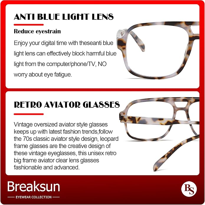 Oversized Square Aviator Glasses for Women Men Big Frame Retro Blue Light Blocking Glasses Vintage Style