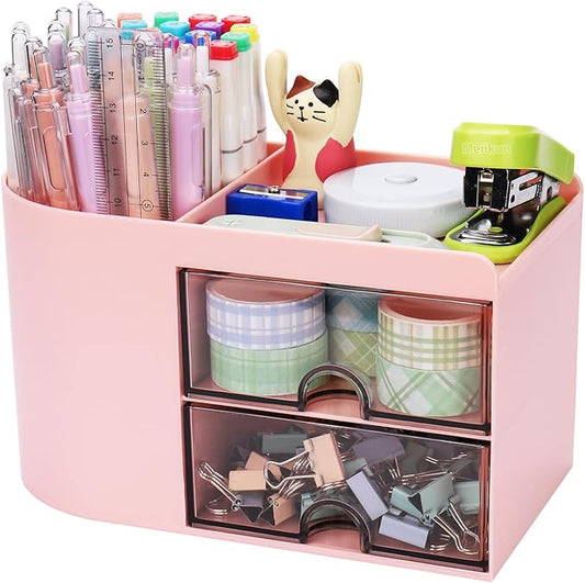 Desk Organizer with Drawer, Pen Organizer for Desk, Small Pencil Holder, Desk Organizers and Accessories for Office Home Storage (2 Drawers+4 Compartments, Pink)