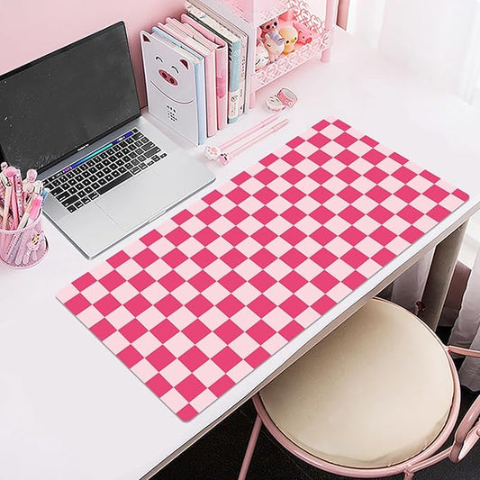 EOBTAIN Pink Checkered Mouse Pad Large,Retro Cute Desk Mat for Keyboard and Mouse,Girly Computer Mousepad XXL Extended Smooth Non-Slip Rubber Desk Protector Accessories for Office 31.5x15.7 Inch