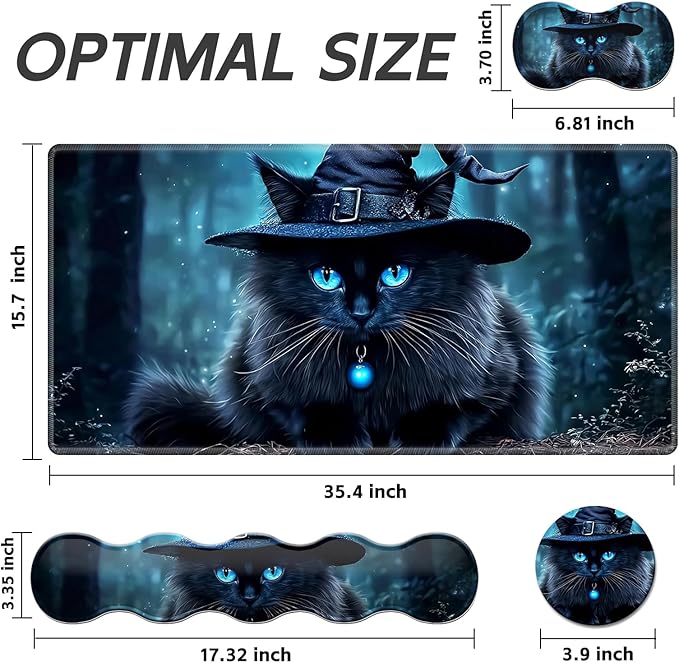 Gaming Mouse Pad Set, Black Cat Wearing Hat Large Desk Mat Mousepad, Keyboard Wrist Support, Mouse Wrist Rest, Coaster 4in1 Ergonomic Memory Foam, Non-Slip Stitched Edge for Home Office