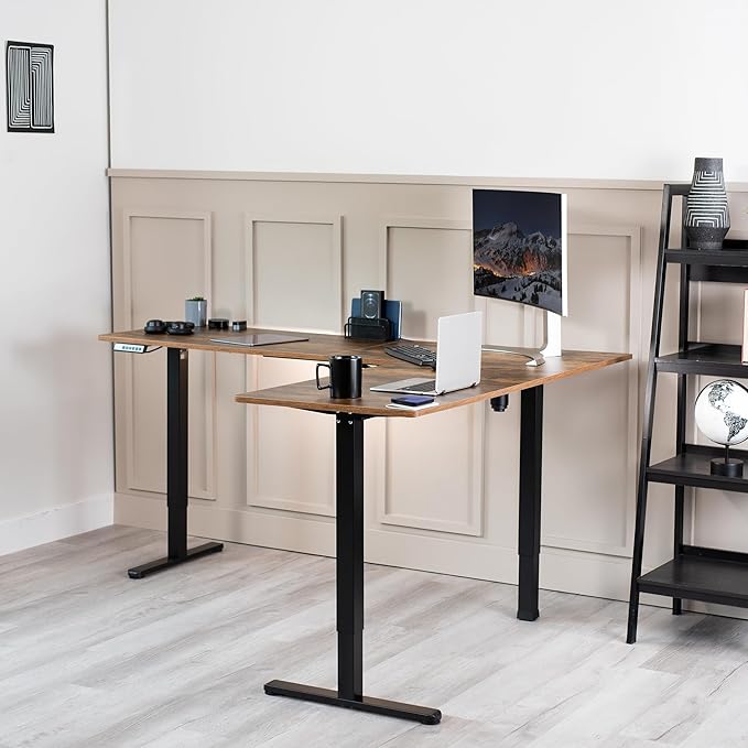 VIVO Corner Standing Desk, 75 x 63 inch Reversible L-Shaped Workstation, Electric Height Adjustment, Home, Office, and Reception Rooms, Rustic Vintage Brown Table Top Black Frame, DESK-E3CTN-75