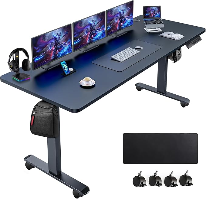 farexon Electric Standing Desk Adjustable Height, 63x24 Inches Computer Desk with Rolling Wheels, Mouse Pad,Multifunctional Stand up Desk for Home/Office(Black)