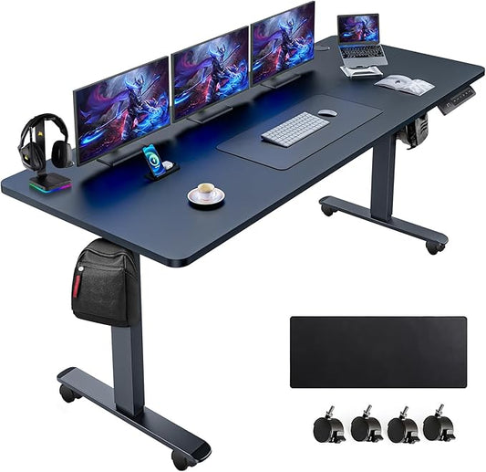 farexon Electric Standing Desk Adjustable Height, 63x24 Inches Computer Desk with Rolling Wheels, Mouse Pad,Multifunctional Stand up Desk for Home/Office(Black)