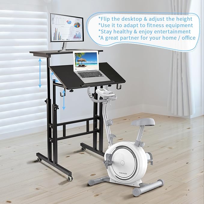 SIDUCAL Mobile Standing Desk, Portable Stand Up, Small Adjustable Converter with Wheels Home Office Workstation, Rolling Desk Laptop Cart for Standing or Sitting, Black
