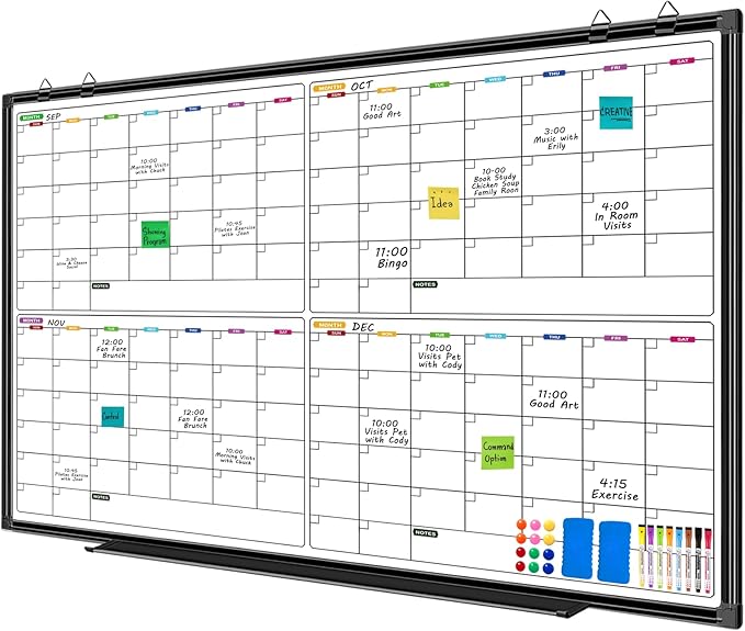 Large Dry Erase Calendar for Wall 72" x 40", 4 Month Whiteboard Calendar Dry Erase for Wall, Black Aluminum Frame Bulletin Board for Office Home and School