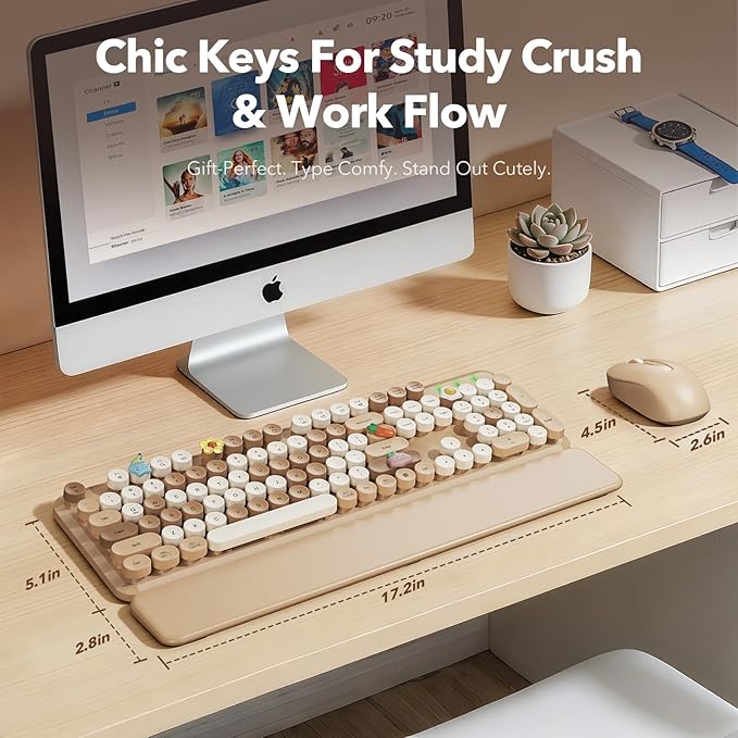 Wireless Keyboard and Mouse Combo, Round Keycaps, Full-Size Retro Typewriter Keyboard with Detachable Wrist Rest, Sleep Mode & Tilt Legs, 2.4GHz Cordless Connection for Mac/Windows/PC (Latte-Colorful)