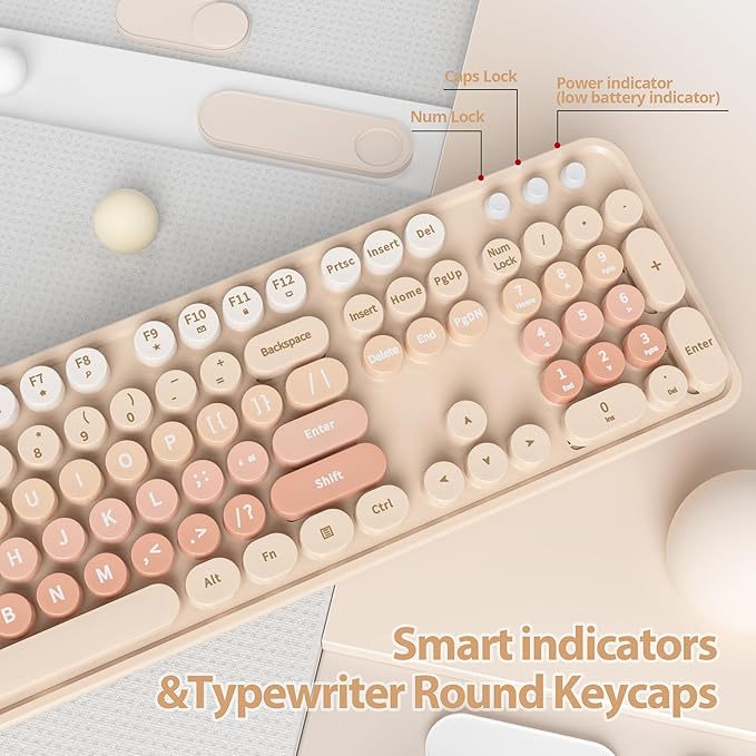 Cute Keyboard and Mouse Combo Wireless, 2.4G Full Size 104-Key Retro Typewriter Keyboards Round Keys for Students Teenagers Home Office PC Laptop(Diary Milk Tea)