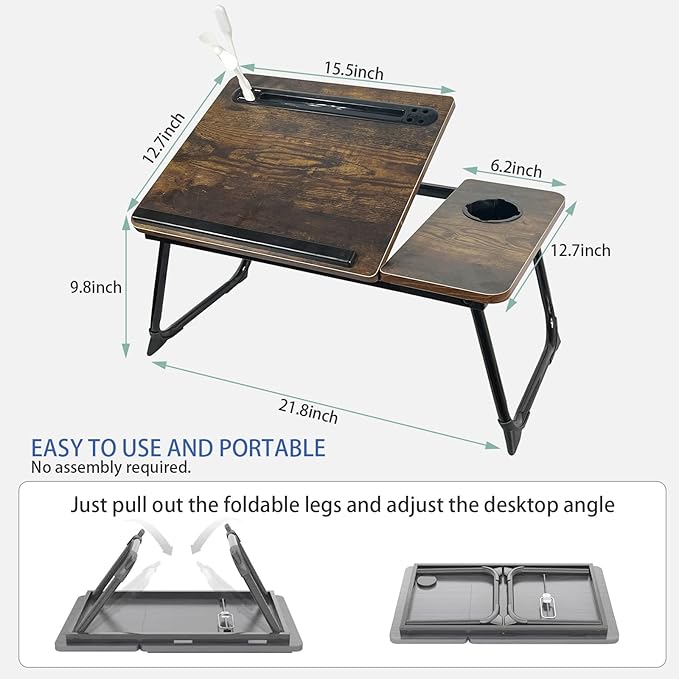Laptop Desk for Bed, Laptops Bed Tray Desk with 5 Different Angles, Foldable Laptop Bed Table with USB Charge Port and Cup Holder for Writing Working (Rustic Brown)