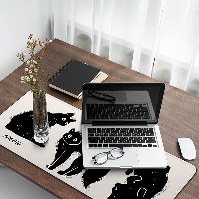 Funny Cute Cat Gaming Mouse Pad with Non-Slip Rubber Base, Large Anime Mousepad with Stitched Edges, Long Keyboard Mat for Home and Office, 31.5 x 11.8 inches (Funny Black Cat)