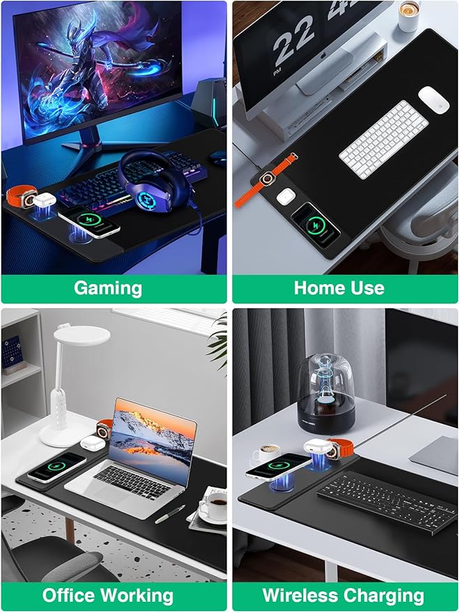 Mouse Pad with Magnetic Wireless Charging, Large Desk Mat, Non-Slip Mouse Mat, Keyboard Pad for Gaming, Desk, Office, PC (The Left Charging-Black with 20W PD Charger)