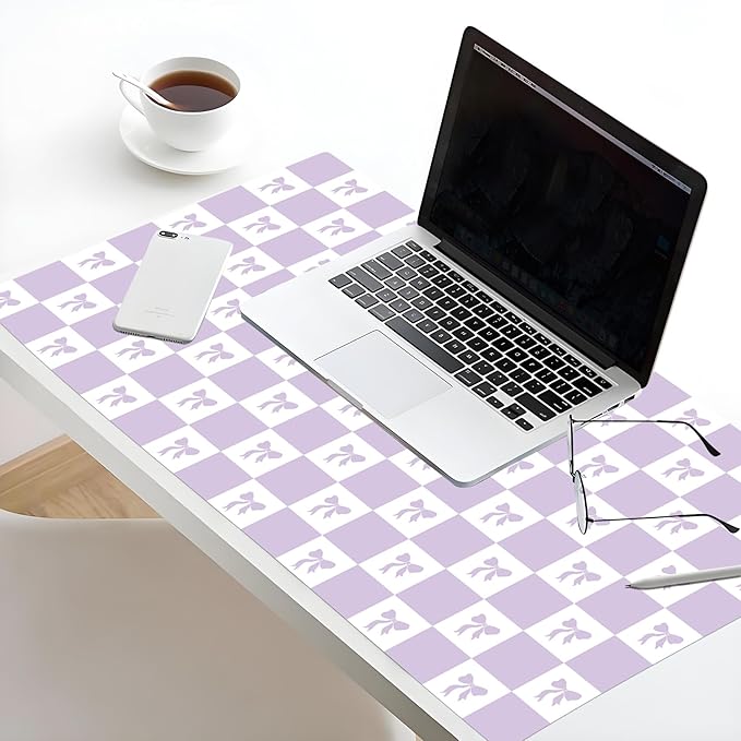 HVEST Purple Checkered Mouse Pad Cute Bow Desk Mat XXL Large Gaming Mouse Pad for Computer Keyboard Laptop, Mousepad with Stitched Edges, Home Office Desk Accessories for Girl Women 31.5'' x 15.7''