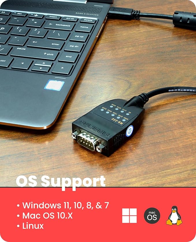 Gearmo USB-C to RS-232 Serial Adapter, FTDI Chip, LED Indicators, High-Speed Data Transfer, Supports Windows 11/10/8/7 - Mac - Linux, 16in Cable