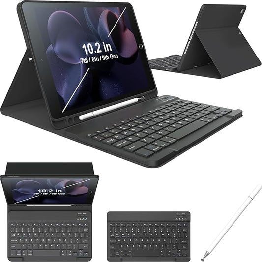 Keyboard Cases for iPad 9th Generation 8th Gen, 7th Gen, Pro 10.5 Inch Air 3rd Gen. Removable Magnetic Cover Sheet Built-in Pencil Holder and Stylus Pen, Adjustable Angles Stain Resistant Cover, Black