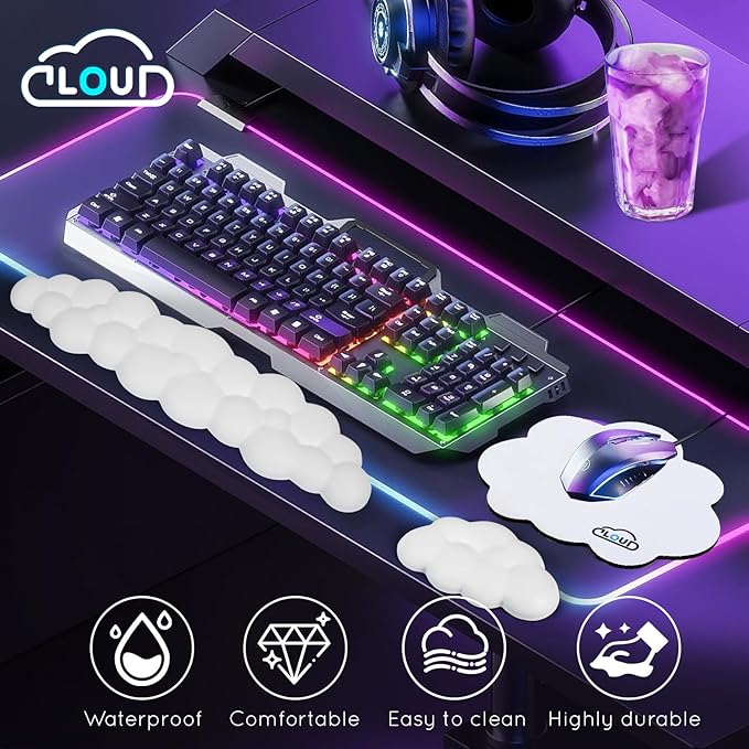 Cloud Wrist Rest for Computer Keyboard Arm Wrist Rest with Non-Slip Base Extended Wrist Rest Ergonomic Memory Foam for Keyboard and Mouse Typing Pain Relief, Office, Gaming, Computer (cloud white set)