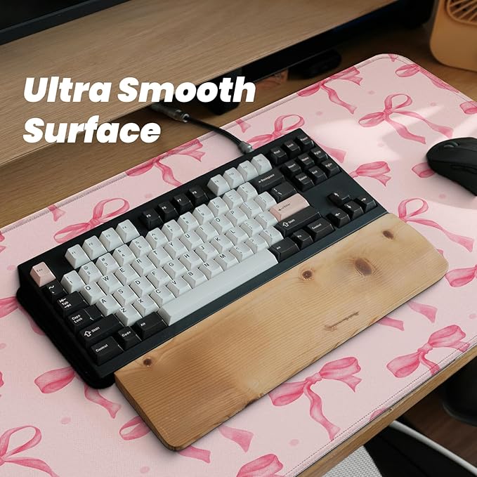 Large Computer Mouse Pad with Non-Slip Base for Desktop, Cute Gaming Mouse Mat with Stitched Edges, Long Extended Anime Mousepad for Laptop, 31.5 x 11.8 inches (Pink Bows)