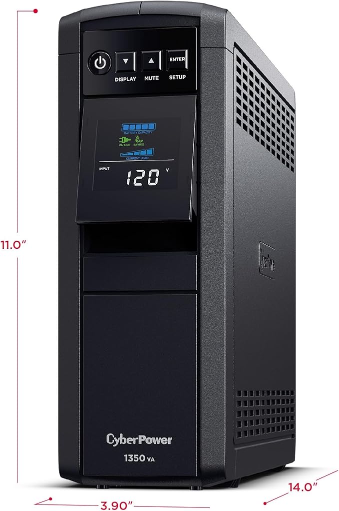 CyberPower CP1350PFCLCD PFC Sinewave UPS Battery Backup and Surge Protector, 1350VA/880W, 12 Outlets, AVR, Mini-Tower, UL Certified