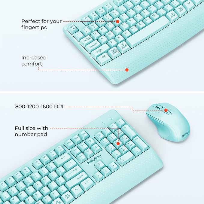 MEETION Wireless Keyboard and Mouse, Full-Sized Cordless Keyboard with Wrist Rest, 3 DPI Adjustable Mouse, 2.4GHz USB-A Receiver, Computer Keyboard for PC/Computer/Laptop/Windows/Mac, Blue