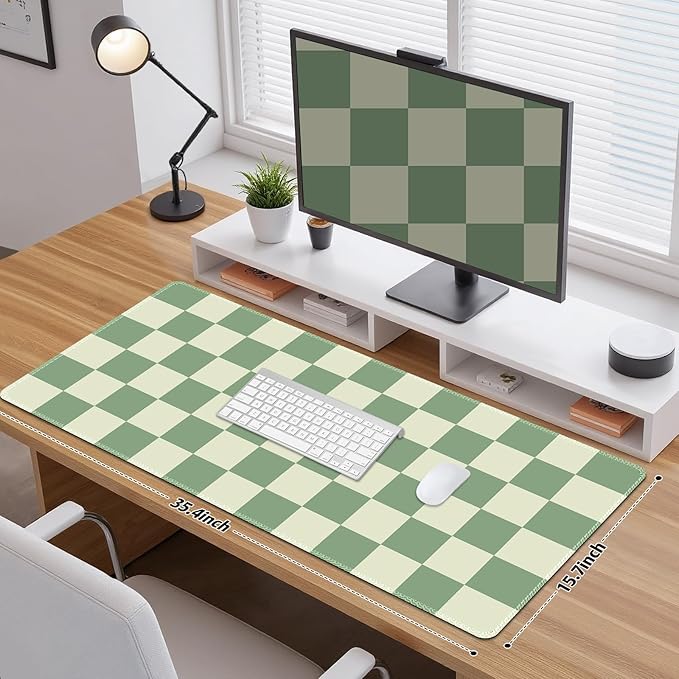 Desk Mat for Keyboard and Mouse, Large Mouse Pad Non-Slip Keyboard Pad, Computer Mats for Desktop, Cute Check Desk Pad with Stitched Edges for Office, Gaming I Sage Green Grid