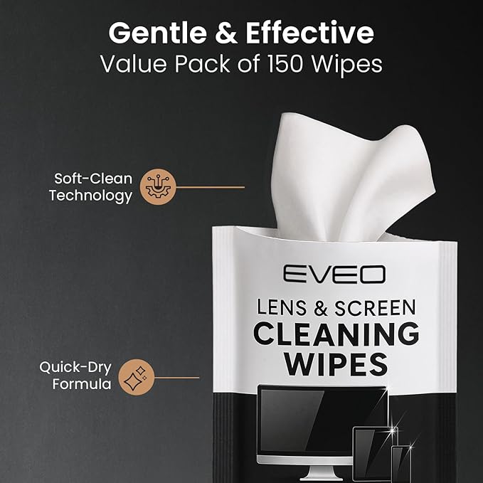 EVEO Screen Wipes (150 Pack) - Electronic Wipes, Computer Screen Cleaner Wipes for Electronics | Computer Screen Wipes Phone Wipes & Lens Wipes for PC, Laptop, Phone, Car & More - Microfiber Included