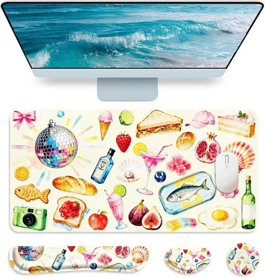 4 in 1 Large Keyboard Mouse Pad Set, Ergonomic Keyboard Wrist Rest Pad, Wrist Support Mousepad Set, Cup Coaster, Extended Desk Mat for Home Game Women Office Desk Decor Accessories(Food)