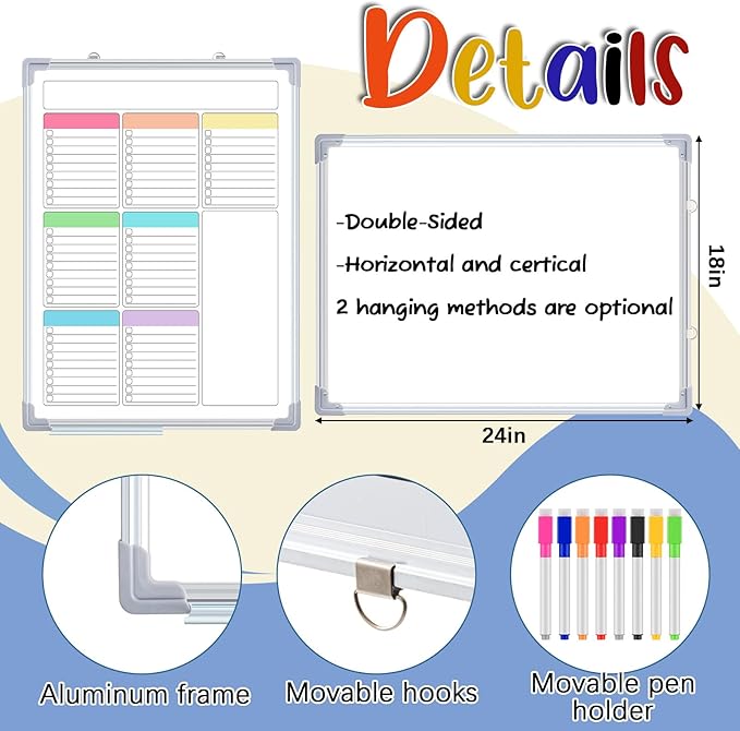Lincia Magnetic to Do List Whiteboard for Wall 24" x 18" Large Weekly Dry Erase Board, Hanging Double-Side White Board Calendar for Planning Drawing Memo Home Kitchen Office(Pleochroic)