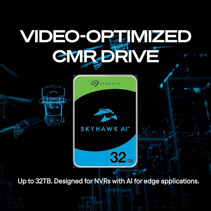 Seagate Skyhawk AI 32TB Video Internal Hard Drive HDD – 3.5 Inch SATA 6Gb/s 512MB Cache for DVR NVR Security Camera System with in-House Rescue Services (ST32000VE000)