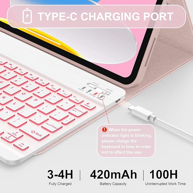 Soke for iPad (A16) 11th/10th Generation Case with Keyboard(2025/2022)-7 Color Backlight Wireless Detachable Folio Keyboard Cover with Built-in Pencil Holder for iPad 11/10.9 inch, Pink
