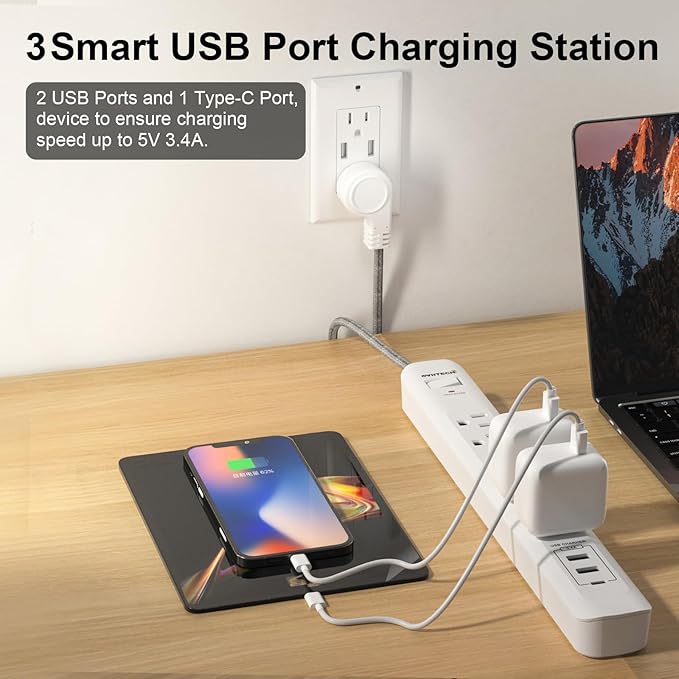 2 Pack Power Strip Surge Protector - 6 Outlets 3 USB Charging Ports (1 USB C), 5Ft Extension Cord, Flat Plug, Overload Protection, Wall Mount for Office Home, Dorm Room White