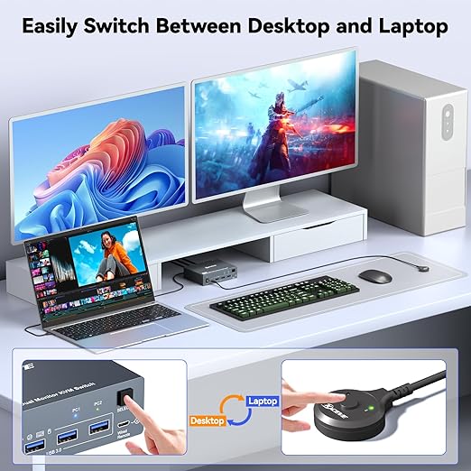 KVM Switch 2 Monitors 1 Desktop and 1 Laptop 4K@60Hz, 7-in-1 Dual Monitor KVM Switch Docking Station, Expand 2 HDMI Displays,4xUSB 3.0,PD 80W, Wired Remote and USB-C Cable Included
