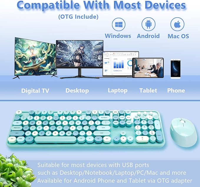 Wireless Keyboard and Mouse Combo, Ergonomic Cute Retro Typewriter Full Size Colorful USB Cordless Keyboard Mouse Set for Gaming and Office (Blue)
