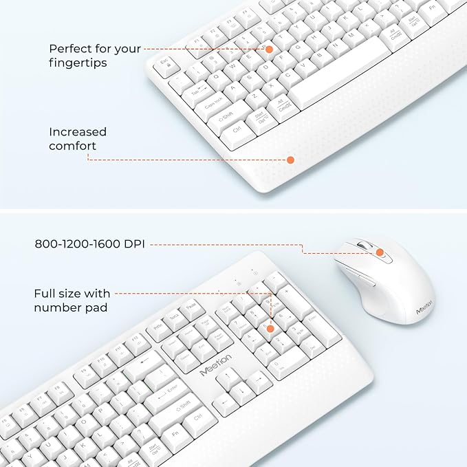 MEETION Wireless Keyboard and Mouse White, 2.4G USB Receiver Plug-and-Play, Computer Keyboard with Wrist Support, 3 Level DPI Mouse, Long Time Lasting Battery for PC/Mac/Windows/Laptop, White