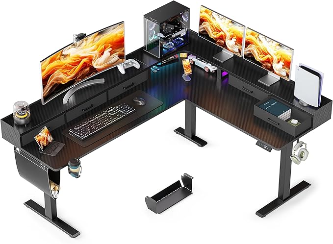 75 Inches Height Adjustable L Shaped Standing Desk with 5 Drawers and Monitor Shelf, Electric Sit to Stand Home Office Comupter Table, Ergonomic Corner Gaming Desk, Black