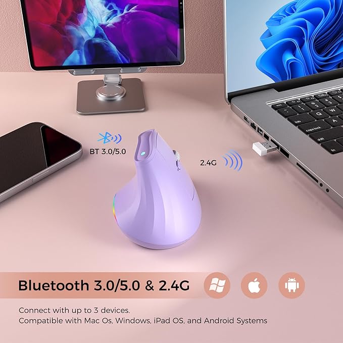 KYSONA 57° Wireless Ergonomic Mouse, Vertical Mouse, Carpal Tunnel Mouse, RGB Light, Rechargeable, Bluetooth & 2.4G, 5-level DPI Adjustment, Quiet Click Ergo Mice Compatible with PC/Laptop/Mac, Purple