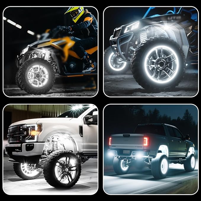 Pure White 8Pods Rock Lights and 17inch Double Row Wheel Ring Lights Combo 6000K LED Underglow Light and Rim Light Kit Fit for Trucks, Pickup