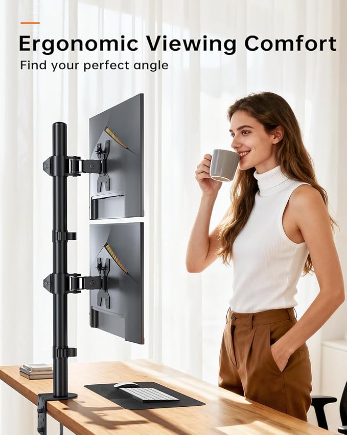 Dual Monitor Stand for 13-27'' Monitors, Vertical Stack Screen Free-Standing Monitor Riser with Swivel, Tilt, Height Adjustable, Holds One (1) Screen Up to 35Lbs, 75x75/100x100 VESA, C-Clamp