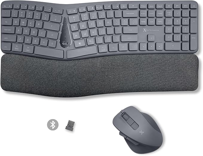 X9 Gray Ergonomic Keyboard and Mouse Wireless Combo - Split Keyboard and Mouse Set, Bluetooth/2.4G, Soft Wrist Rest, Rechargeable, Silent Keys, Multi-Device for Laptop, PC, Mac, iOS, Android