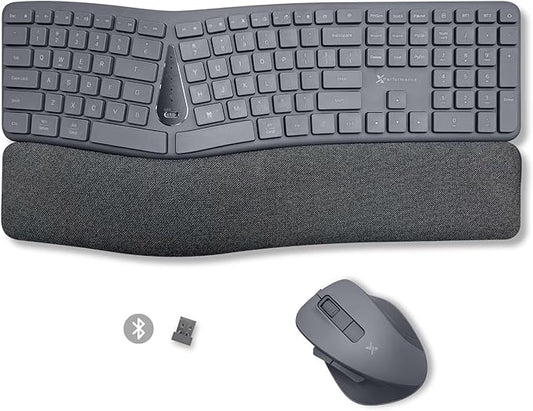 X9 Gray Ergonomic Keyboard and Mouse Wireless Combo - Split Keyboard and Mouse Set, Bluetooth/2.4G, Soft Wrist Rest, Rechargeable, Silent Keys, Multi-Device for Laptop, PC, Mac, iOS, Android