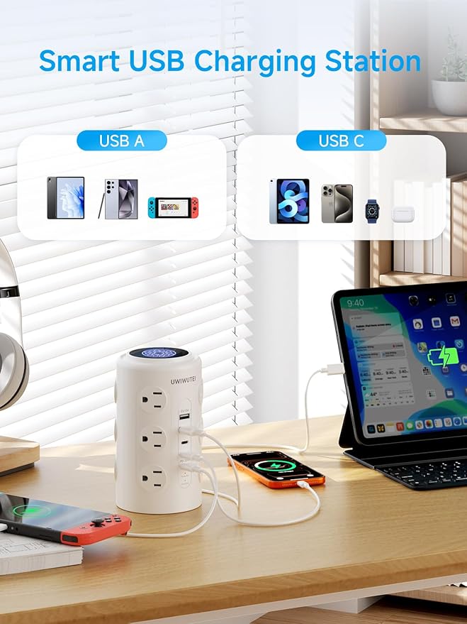 Tower Power Strip with 1 Dedicated PD 20W Fast-Charging Port, 12 Outlets, 5 USB Ports (3 USB-C), 1800J Protector, Desk Charging Station for Multiple Devices,15FT Extension Cord, Home Office Essentials