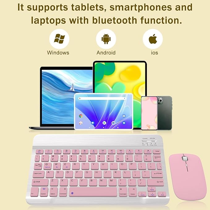 Rechargeable Bluetooth Keyboard and Mouse Combo, Universal Ultra-Slim Wireless Keyboard Mouse Set for Android Windows iPad iPhone Samsung Tablet Portable Compact Keyboard Set (Pink)