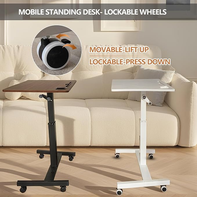 Mobile Standing Desk,Height Adjustable Home Office Desk with Wheels&Cup Holder,Hand Crank Sit Stand Desk and Laptop Cart,Computer Workstation for Home Office Classroom Hospital (Manual White)