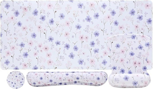 MEGREZ 4-in-1 Ergonomic Memory Foam Wrist Rest Set, Desk Pad, Mouse Pad with Wrist Rest, Keyboard Pad, Suitable for Office Workers, Programmers & Gamers–Relieve Typing & Gaming Fatigue, White Flower
