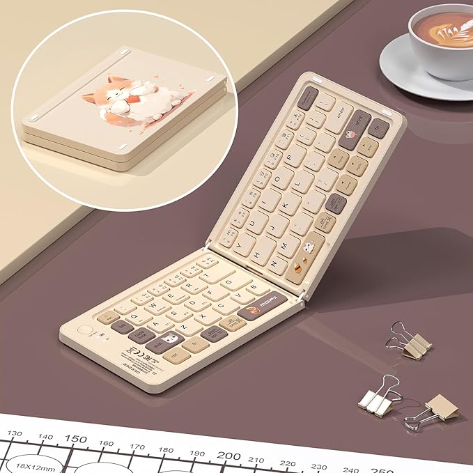 Foldable Mini Bluetooth Keyboard, Portable Compact Wireless Rechargeable Keyboard with 67 Slim Quiet Keys, Cute Pocket-Sized Travel Keyboard for iPad iPhone Android Tablet Mac Windows-Milk Tea Color
