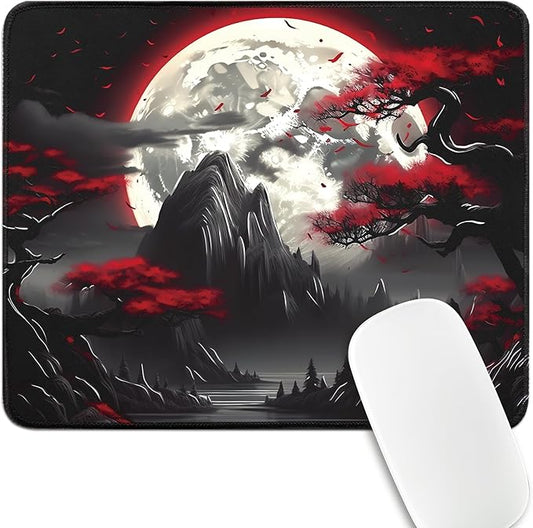 Small Gaming Mouse Pad, Anime Black Mousepad with with Non-Slip Base, Expanded Cool Desk Mat, Mountain Moon Scenery Keyboard Mat Suitable for Home Office,10.2 X 8.3 Inch