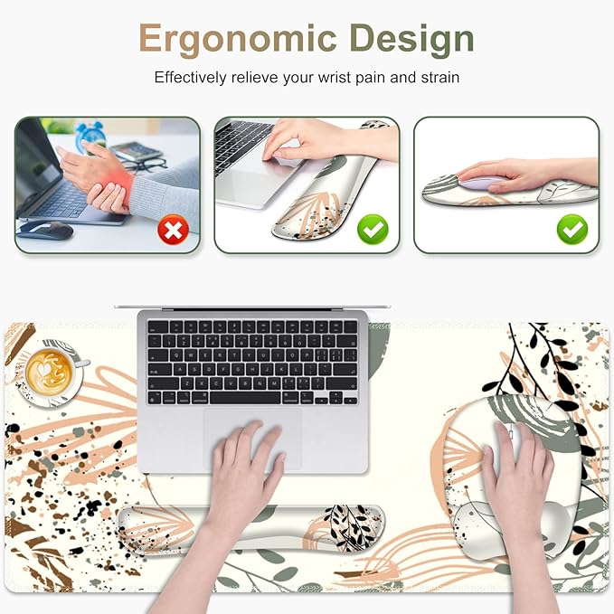 Large Mouse Pad with Wrist Support 4 in1 Set, XXL Big Game Mousepad + Keyboard Wrist Rest+Mouse Wrist Rest+Coaster Ergonomic Gaming Mat for Home Office Table Computer I Modern Boho Leaves